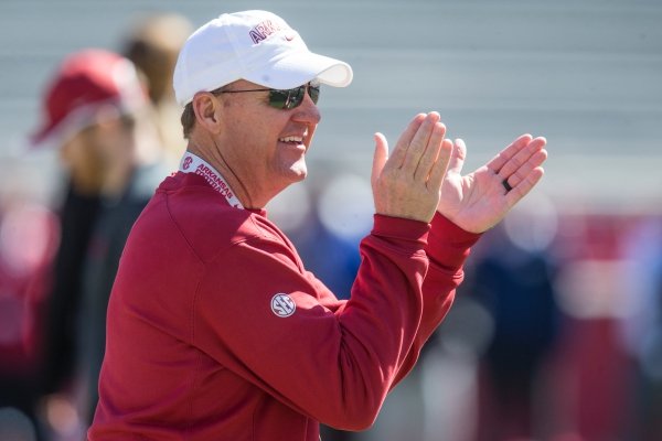 Chad Morris, Arkansas head coach, Saturday, March, 9, 2019, during spring practice at Razorback Stadium in Fayetteville.