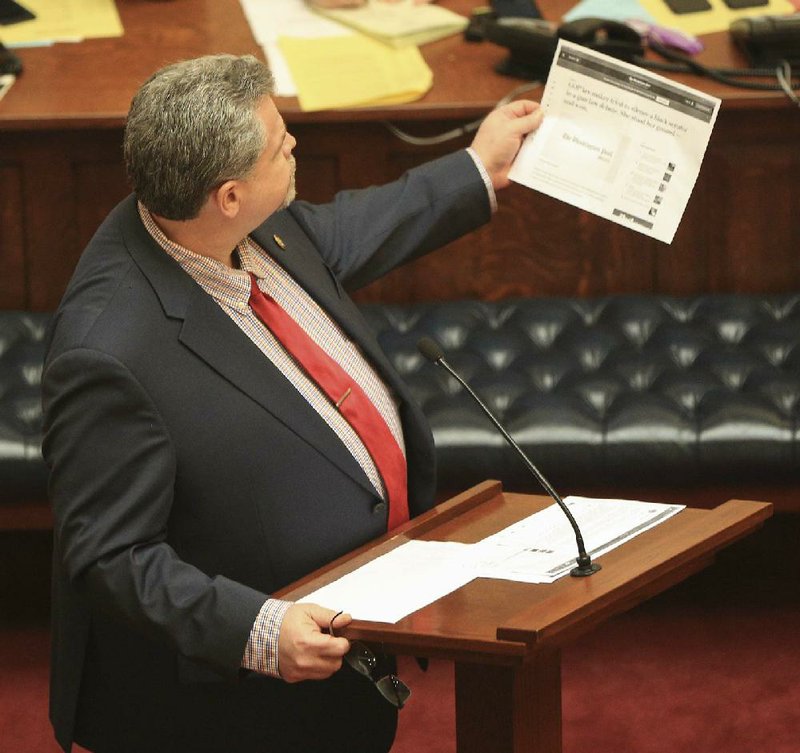 Arkansas Democrat-Gazette/STATON BREIDENTHAL --3/11/19-- Sen. Alan clark, R-Lonsdale, speaks Monday in the Senate about events in a committee meeting last week.
