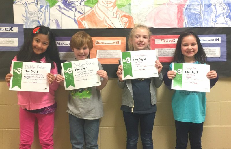 Photo submitted First-grade students shown with their Big 3 certificates are Madelyn Medrano (left), Jackson Burns, Lena Rushing and Tinleigh Root. Photo submitted First-grade students shown with their Big 3 certificates are Madelyn Medrano (left), Jackson Burns, Lena Rushing and Tinleigh Root.