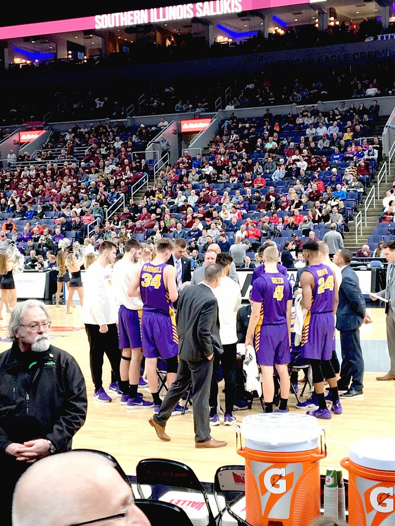 Submitted photo/Northern Iowa huddles up during the annual Missouri Valley Conference men's basketball tournament known as &quot;Arch Madness.&quot; Former Lincoln star Shandon Biggie&quot; Goldman was part of a team that finished second in the tournament &#x2014; one win short of an automatic bid to the 2019 NCAA tournament.