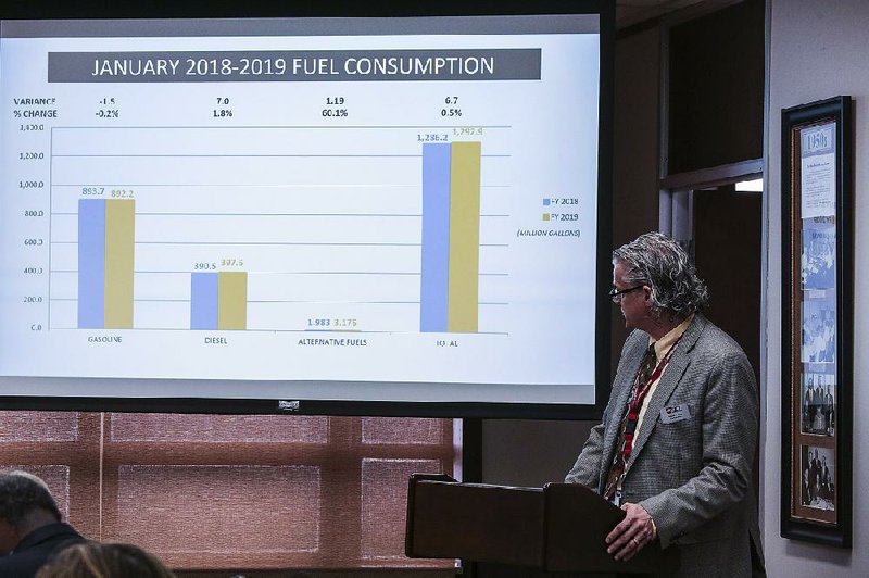 Patrick Patton, chief fiscal officer for the Arkansas Department of Transportation, presents information during the Arkansas Highway Commission’s meeting Wednesday in Little Rock. 