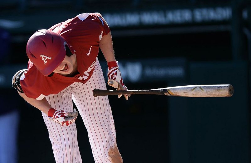 Arkansas sophomore Heston Kjerstad is hit by a pitch during the Razorbacks’ victory over Western Illinois on Wednesday. See more photos at arkansasonline.com/galleries. 