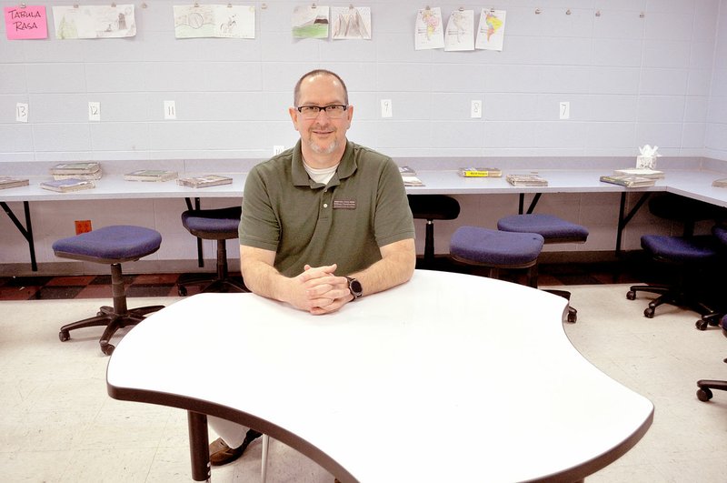 RACHEL DICKERSON/MCDONALD COUNTY PRESS Bill Chamberlain, a social studies teacher at Noel Junior High, is pictured at an interactive table with a whiteboard surface he recently purchased with a grant from the McDonald County Schools Foundation.