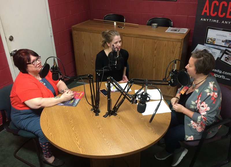 Becca Martin-Brown (from left), Northwest Arkansas Democrat-Gazette features editor, Jocelyn Murphy, What's Up! associate editor, and Jennifer Wilson, Walton Arts Center spokeswoman, during the What's Up! podcast Wednesday, March 13, 2019 in Fayetteville. 