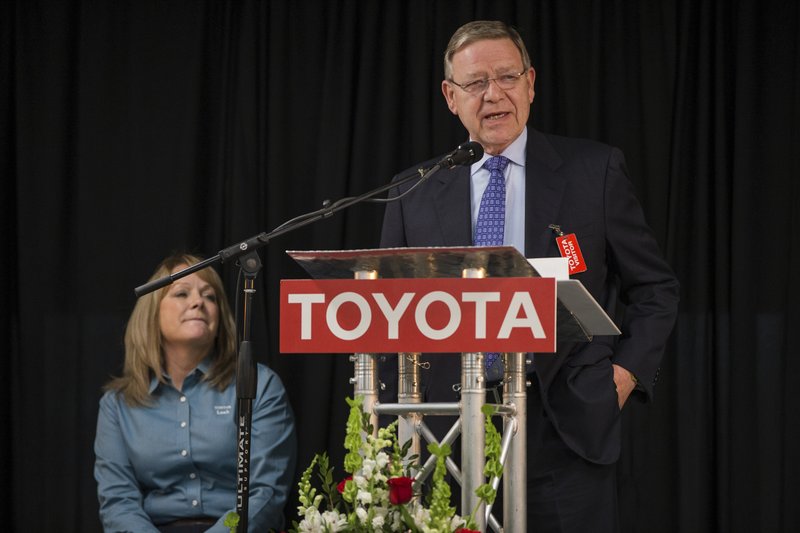 West Virginia Secretary of Commerce Ed Gaunch, right, speaks after an announcement of an expansion at Toyota Motor Manufacturing, Thursday, March 14, 2019, in Buffalo, W.Va. Toyota Motor Corp. on Thursday announced it is investing an additional $750 million at five U.S. plants. (Sholten Singer/The Herald-Dispatch via AP)