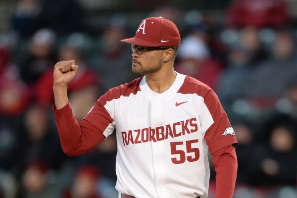 Arkansas starter Isaiah Campbell reacts to the final Missouri out Friday, March 15, 2019, during the third inning at Baum-Walker Stadium in Fayetteville. Visit nwadg.com/photos to see more photographs from the game.