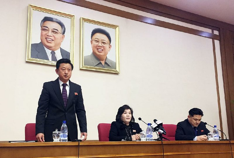 North Korean Vice Foreign Minister Choe Son Hui (center) speaks at a gathering for diplomats in Pyongyang, North Korea, on Friday. 