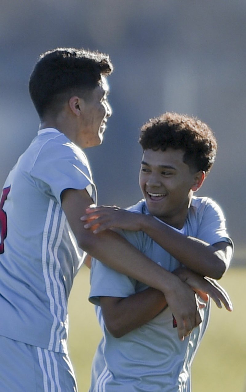 NWA Democrat-Gazette/CHARLIE KAIJO Springdale High School Irvin Sotero (19) reacts after a score during a soccer game, Friday, March 15, 2019 at Bentonville West in Centerton.