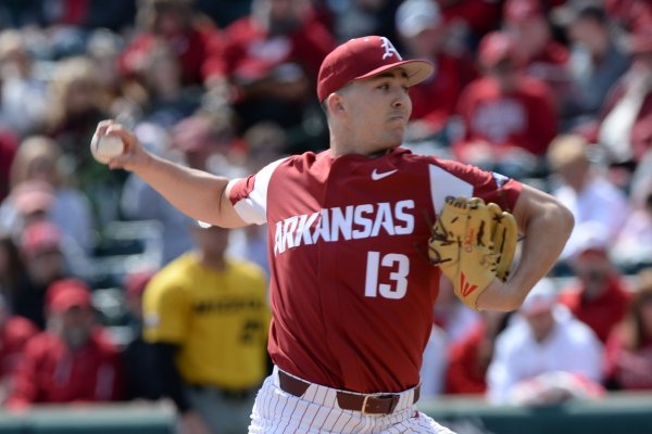 Arkansas starter Connor Noland delivers to the plate against Missouri Saturday, March 16, 2019, during the first inning at Baum-Walker Stadium in Fayetteville. Visit nwadg.com/photos to see more photographs from the game.