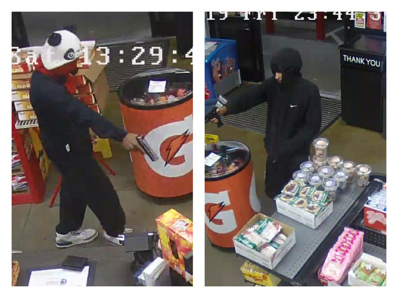 Two suspects in an armed robbery and fatal shooting that took place at a North Little Rock gas station on Friday are shown in these stills provided by the North Little Rock Police Department. 