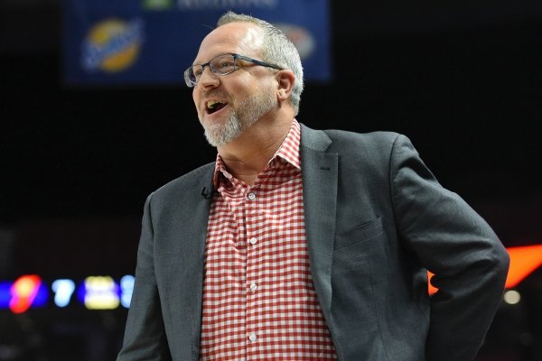 Arkansas head coach Mike Neighbors reacts during the first half of a women's Southeastern Conference NCAA college basketball tournament game against Georgia, Thursday, March 7, 2019, in Greenville, S.C. (AP Photo/Richard Shiro)