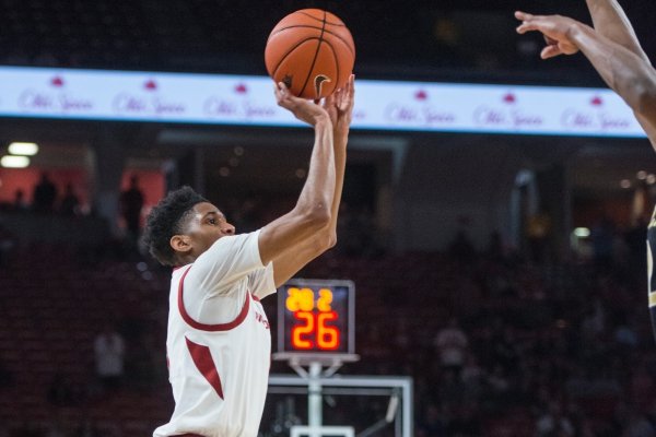Isaiah Joe, Arkansas guard, makes a three-point shot in the first half vs Vanderbilt Tuesday, Feb. 5, 2019, at Bud Walton Arena in Fayetteville.