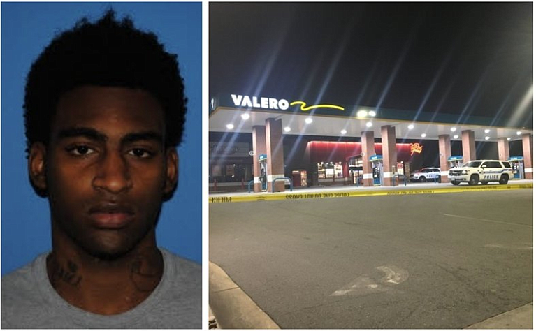 At left, Drequan Lamont Robinson is shown in a photo released by North Little Rock police. At right, authorities investigate a fatal shooting at a North Little Rock gas station, March 15.