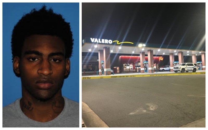At left, Drequan Lamont Robinson is shown in a photo released by North Little Rock police. At right, authorities investigate a fatal shooting at a North Little Rock gas station on Friday night.