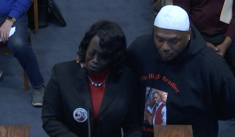 In a screenshot taken from city video, Kimberly Blackshire-Lee (left) speaks about her son's death at the Little Rock Board of Directors meeting Tuesday night.