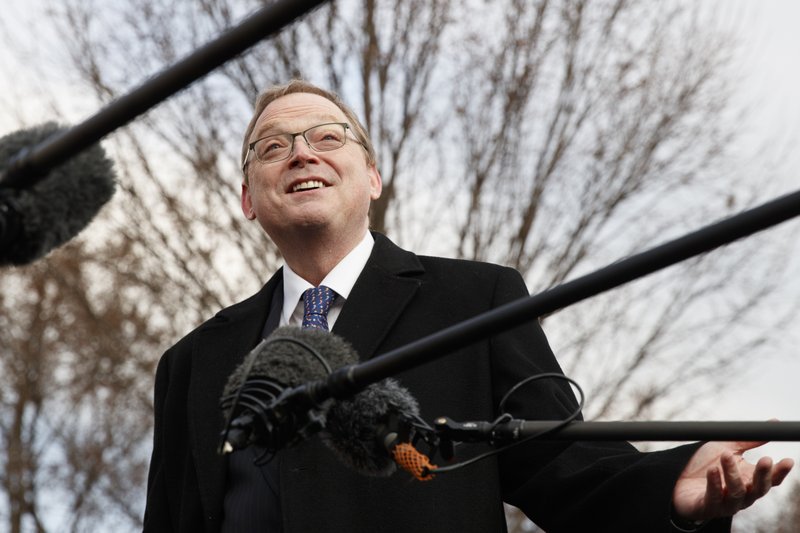 In this Monday, March 4, 2019, file photo, Kevin Hassett, chairman of the White House Council of Economic Advisers, talks to media outside of the White House in Washington. C (AP Photo/Carolyn Kaster)
