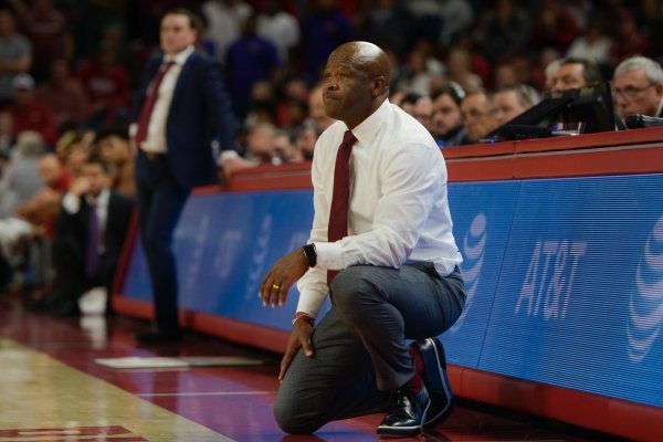 Arkansas Razorbacks head coach Mike Anderson watches a free throw during a basketball game, Sunday, November 18, 2018 at Bud Walton Arena in Fayetteville.