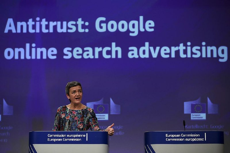 European Union competition commissioner Margrethe Vestager says Wednesday in Brussels that Google’s practices meant that advertisers and website owners “had less choice and likely faced higher prices.” 