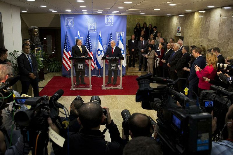U.S. Secretary of State Mike Pompeo (left) and Israeli Prime Minister Benjamin Netanyahu deliver joint statements Wednesday at the prime minister’s office in Jerusalem. 