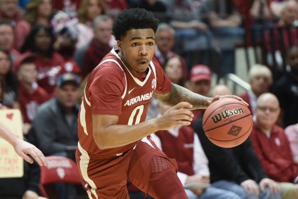 Arkansas Razorbacks guard Desi Sills (0) dribbles during the first half of the NCAA National Invitation Tournament, Saturday, March 23, 2019 at the Simon Skjodt Assembly Hall at the University of Indiana in Bloomington, Ind. The Arkansas Razorbacks fell to the Indiana Hoosiers 63-60.