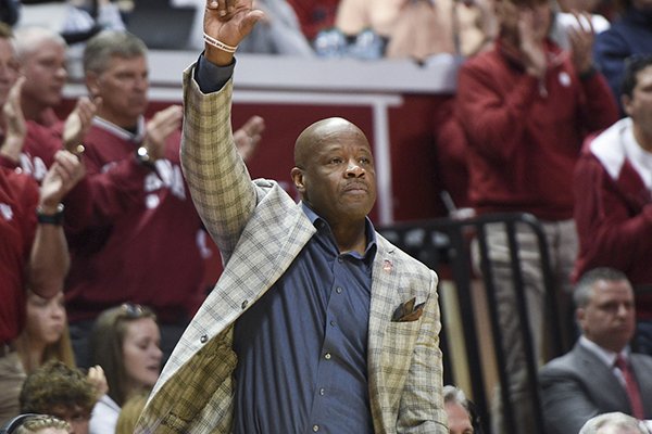 Arkansas Razorbacks head coach Mike Anderson gestures during the second half of the NCAA National Invitation Tournament, Saturday, March 23, 2019 at the Simon Skjodt Assembly Hall at the University of Indiana in Bloomington, Ind. The Razorbacks fell to the Hoosiers 63-60.
