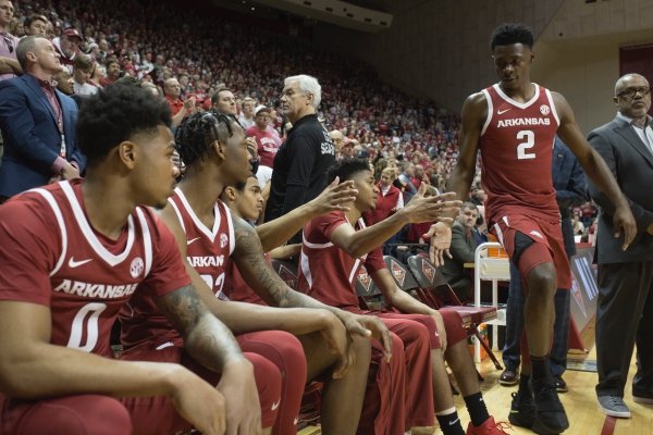 Arkansas Razorbacks players get ready to enter the court before the first half of the NCAA National Invitation Tournament, Saturday, March 23, 2019 at the Simon Skjodt Assembly Hall at the University of Indiana in Bloomington, Ind. The Arkansas Razorbacks fell to the Indiana Hoosiers 63-60.