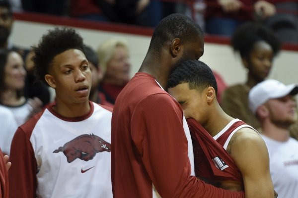 Arkansas Razorbacks guard Jalen Harris (5) reacts after a loss in the NCAA National Invitation Tournament, Saturday, March 23, 2019 at the Simon Skjodt Assembly Hall at the University of Indiana in Bloomington, Ind. The Arkansas Razorbacks fell to the Indiana Hoosiers 63-60.