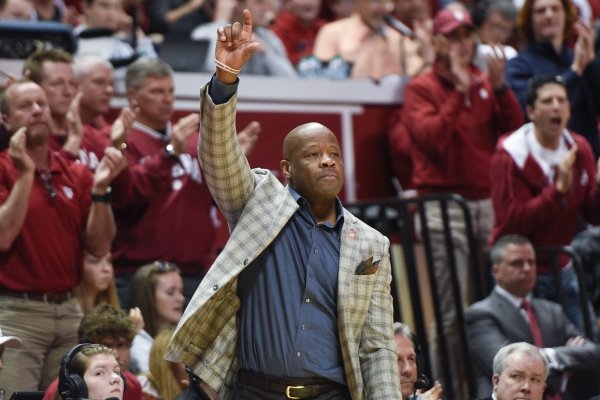 Arkansas Razorbacks head coach Mike Anderson gestures during the second half of the NCAA National Invitation Tournament, Saturday, March 23, 2019 at the Simon Skjodt Assembly Hall at the University of Indiana in Bloomington, Ind. The Arkansas Razorbacks fell to the Indiana Hoosiers 63-60.