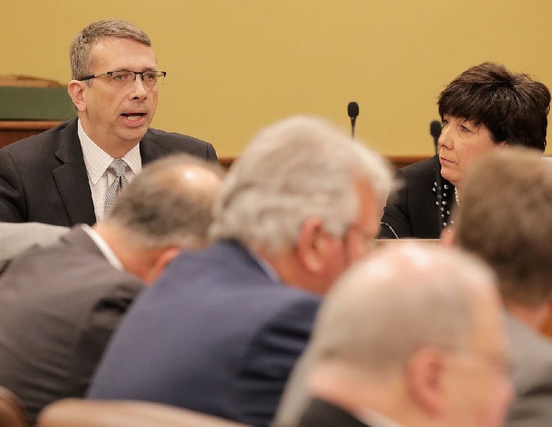 John Bailey, director of environmental and regulatory affairs for the Arkansas Farm Bureau, spoke for more than half an hour in favor of Senate Bill 550. At right is Rep. Mary Bentley, R-Perryville, House sponsor of the bill. 