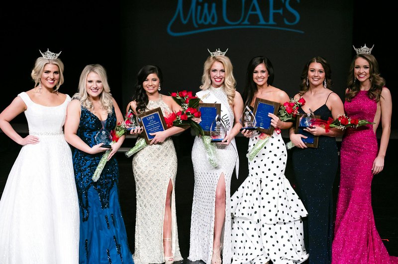Courtesy photo In a competition that awarded nearly $23,000 in scholarships and prizes among its 12 candidates, Allison Thompson claimed the crown of Miss UAFS 2019, during the University of Arkansas at Fort Smith's scholarship competition March 16. Thompson, 22, Fort Smith, is the daughter of Regina Thompson and David Thompson. A middle childhood education major, her talent was a jazz dance performance, and her platform is "We the People: Increasing Community and Government Involvement." She will represent UAFS at the Miss Arkansas Contest this summer in Hot Springs. Thompson also won the artistic expression, nonvocal award. Other winners included: first runner-up Mary Beth Andrews, 20, West Fork, daughter of Kristi and Stan Andrews, academic excellence award; second runner-up Ava Earnhart, 18, Greenwood, daughter of Liz Earnhart and David Earnhart, artistic expression, vocal award; third runner-up Tori Easton, 21, Fort Smith, daughter of Robyn and Doug Croop, and Dewayne Easton; fourth runner-up Lyndsey Bowman, 19, Fort Smith, daughter of Joanna Barker, and Terry Bowman, interview award. They are pictured with Miss UAFS 2018 Elizabeth Spencer and Miss Arkansas 2018 Claudia Raffo.