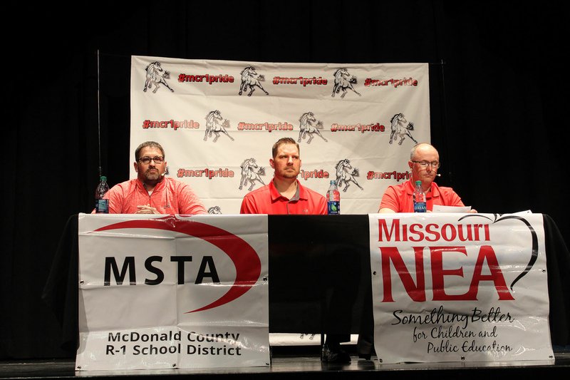 MEGAN DAVIS/MCDONALD COUNTY PRESS Individuals vying for a spot on the McDonald County School Board include Nick Martin (left), incumbent Chris Smith and incumbent Frank Woods. The three gathered on Tuesday evening to discuss their platforms and beliefs.