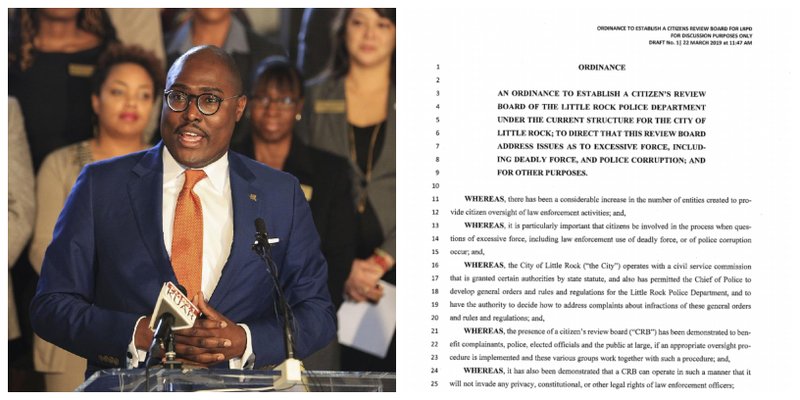 Mayor Frank Scott Jr. (left) is shown next to a draft of an ordinance establishing a citizen's review board of the Little Rock Police Department.
