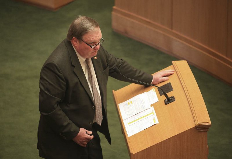 Arkansas Democrat-Gazette/STATON BREIDENTHAL --3/29/19-- Rep. Lane Jean, R-Magnolia, takes questions Friday on the House floor about SB99, which would authorize spending on the state’s Medicaid program, including Arkansas Works. The House failed to pass the bill. 