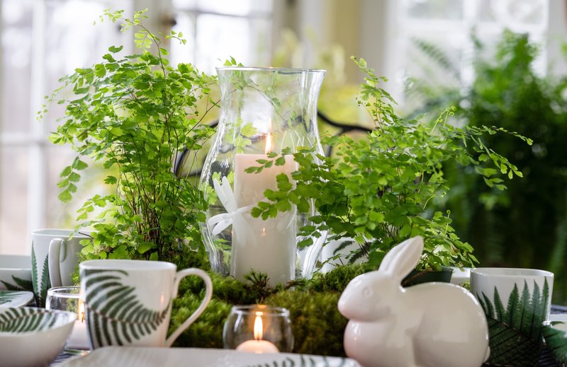 Courtesy of Alcides Aguasvivas Don't stop at houseplants: The leaf-patterned dishes on this breakfast table celebrate and extend the indoor greenery of this home's living decor.