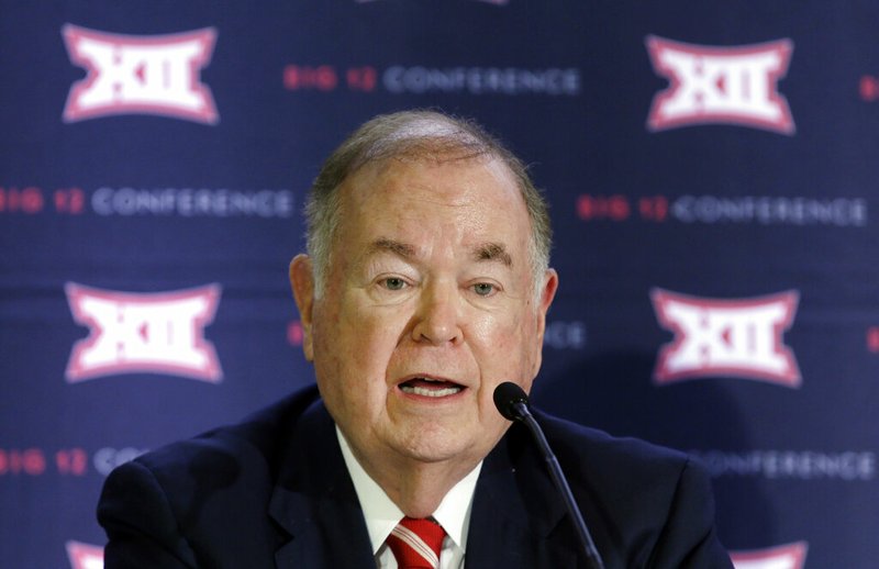 In this June 2, 2016, file photo, University of Oklahoma President David Boren, the Big 12 Conference Board of Directors chairman, speaks to reporters after the second day of the Big 12 sports conference meetings in Irving, Texas. Less than a year after stepping down as president of the state's flagship university, Boren's 50-year legacy of public service is at risk. Boren's attorneys have confirmed Boren is the target of an investigation into whether he sexually harassed male aides, and at least one accuser has come forward. (AP Photo/LM Otero, File)