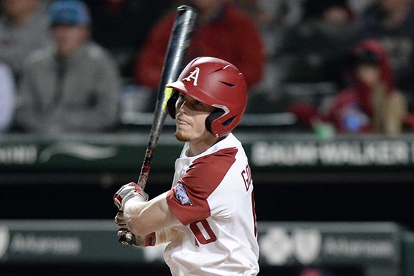 Arkansas designated hitter Matt Goodheart bats during a game against Ole Miss on Friday, March 29, 2019, in Fayetteville.