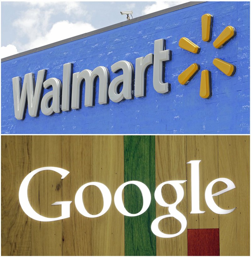 In this combo of file photos shows, a Google sign at a store on Aug. 7, 2017, in Hialeah, Fla., bottom, and a Walmart sign on June 1, 2017, in Hialeah Gardens, Fla. Walmart will now allow its shoppers to order their groceries by voice through Google's smart home assistant, its latest attempt to challenge Amazon's growing dominance. Starting April 2019, shoppers can add items directly to their Walmart grocery cart, according to a company blog post on Tuesday, April 2, 2019. (AP Photo/Alan Diaz, File)