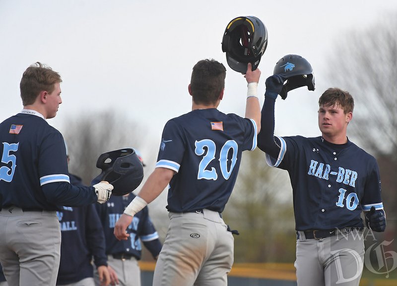 NWA Democrat-Gazette/J.T. WAMPLER Har-Ber's Blake Adams (10) celebrates his fifth inning home run with Clay Burtram (20) against Springdale Monday April 1, 2019 at the Randal Tyson Recreational Complex in Springdale. Har-Ber won 4-3 in eight innings. 