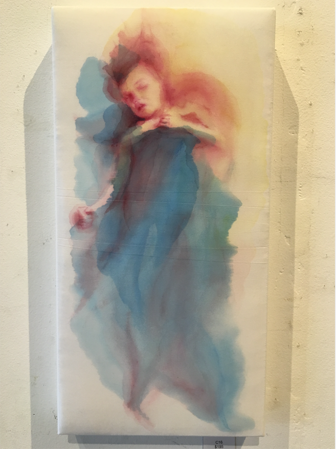 Emily Moll Wood creates a dreamy, otherworldly watercolor on dress shirt fabric titled "C16." It is part of Wood’s “Ode to Sleep” works at Gallery 26. (Courtesy of Gallery 26)