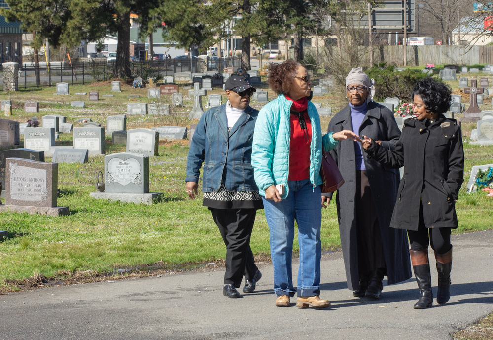 Eleanor Stephenson (from left), Sammie Holmes, Maud Woods and Patricia Brewer recently toured Haven of Rest Cemetery in Little Rock. The women are members of Friends of Haven of Rest Inc., a group formed to preserve and maintain the cemetery. (Arkansas Democrat-Gazette/CARY JENKINS)