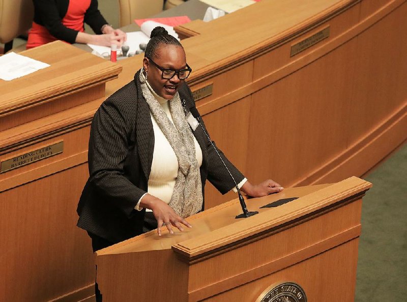 Rep. Vivian Flowers speaks in favor of the Medicaid funding bill on the House floor Tuesday, citing “a responsibility” to the people of Arkansas. More photos are available at arkansasonline.com/43genassembly/. 