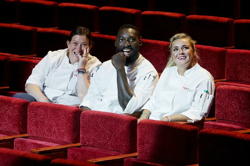 Eric Adjepong, pictured with Sara Bradley (left) and Kelsey Barnard, was a Top Chef contestant whose cuisine focused on West African food. Citing a lack of diversity, Adjepong hopes future seasons will bring a voice to more unfamiliar global flavors. 