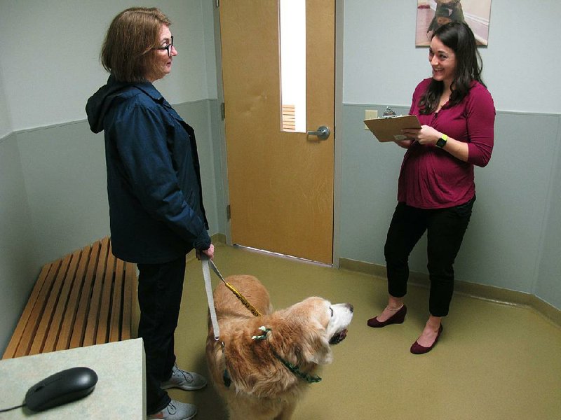Dr. Lindsey Bullen checks her clipboard during a visit with Jeanine Begg and her golden retriever, Benko, at the Veterinary Specialty Hospital in Cary, N.C. Bullen says she gets several questions a day from clients interested in fresh and homemade pet food. 