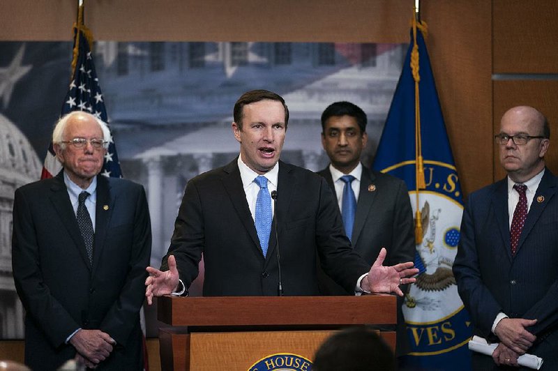 Sen. Bernie Sanders (from left), Sen. Chris Murphy, Rep. Ro Khanna and Rep. James McGovern, chairman of the House Rules Committee, hold a news conference after Thursday’s vote in the House to end support for the Yemen war. 