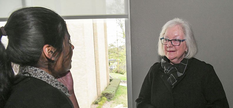 The Sentinel-Record/Grace Brown- Louise Lawrence-Israels, a Holocaust survivor, right, fields questions from National Park College Student Athena Rose following a presentation by Lawrence-Israels at Arkansas School for Mathematics, Sciences and the Arts on Monday, April 1, 2019. 
