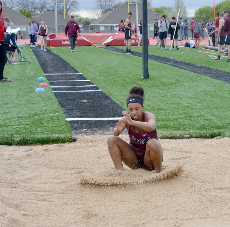 Annette Beard/The Pea Ridge Times Siloam Springs junior Jael Harried broke the school record in the triple jump with a distance of 34 feet, 9 inches and was the high point winner with 36 points at the Pea Ridge High School Invitational held Thursday at Blackhawk Stadium in Pea Ridge.