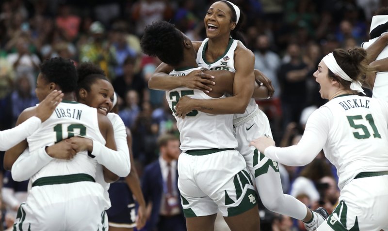 Baylor players celebrate after defeating Notre Dame in the Final Four championship game of the NCAA women's college basketball tournament Sunday, April 7, 2019, in Tampa, Fla. Baylor won 82-21. (AP Photo/Chris O'Meara)

