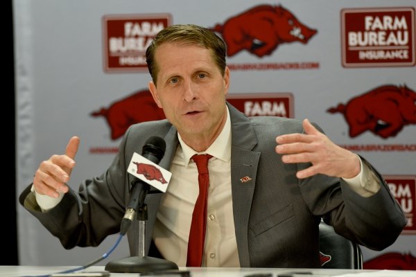 Eric Musselman speaks at a press conference after his introduction as the new head coach of men's basketball at the University of Arkansas by Athletic Director Hunter Yurachek Monday, April 8, 2019 in Bud Walton Arena on the campus in Fayetteville. During the previous four seasons, Musselman coached the University of Nevada in Reno to a 110-34 record.