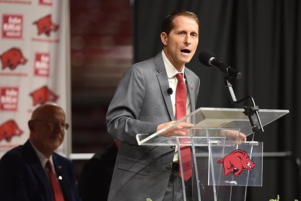 Arkansas basketball coach Eric Musselman speaks at his introduction Monday, April 8, 2019, at Bud Walton Arena in Fayetteville. 