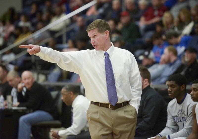 NWA Democrat-Gazette/CHARLIE KAIJO Fayetteville High School head coach Kyle Adams calls out to players during the Class 6A state basketball quarterfinals, Friday, March 1, 2019 at Bentonvile West High School in Centerton.